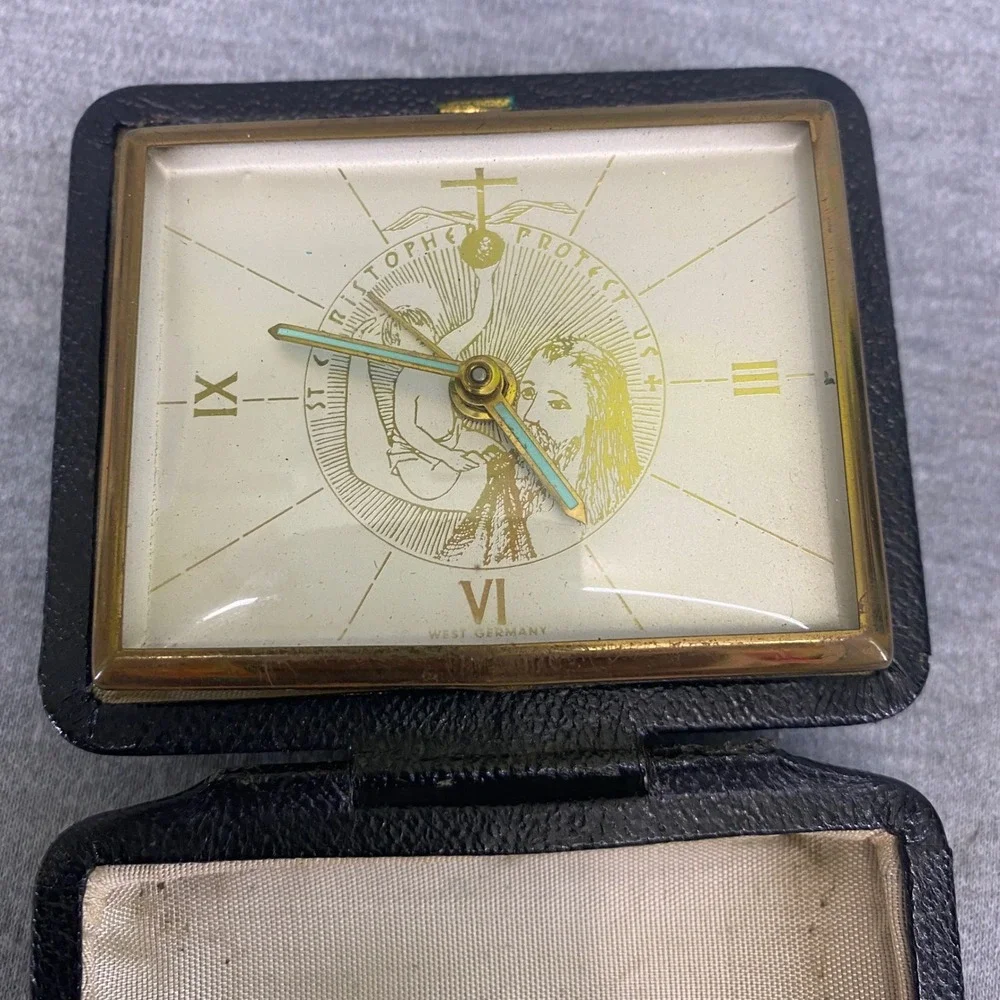 Vintage West Germany St Christopher Travel Alarm Clock Black Leather Case Gold
